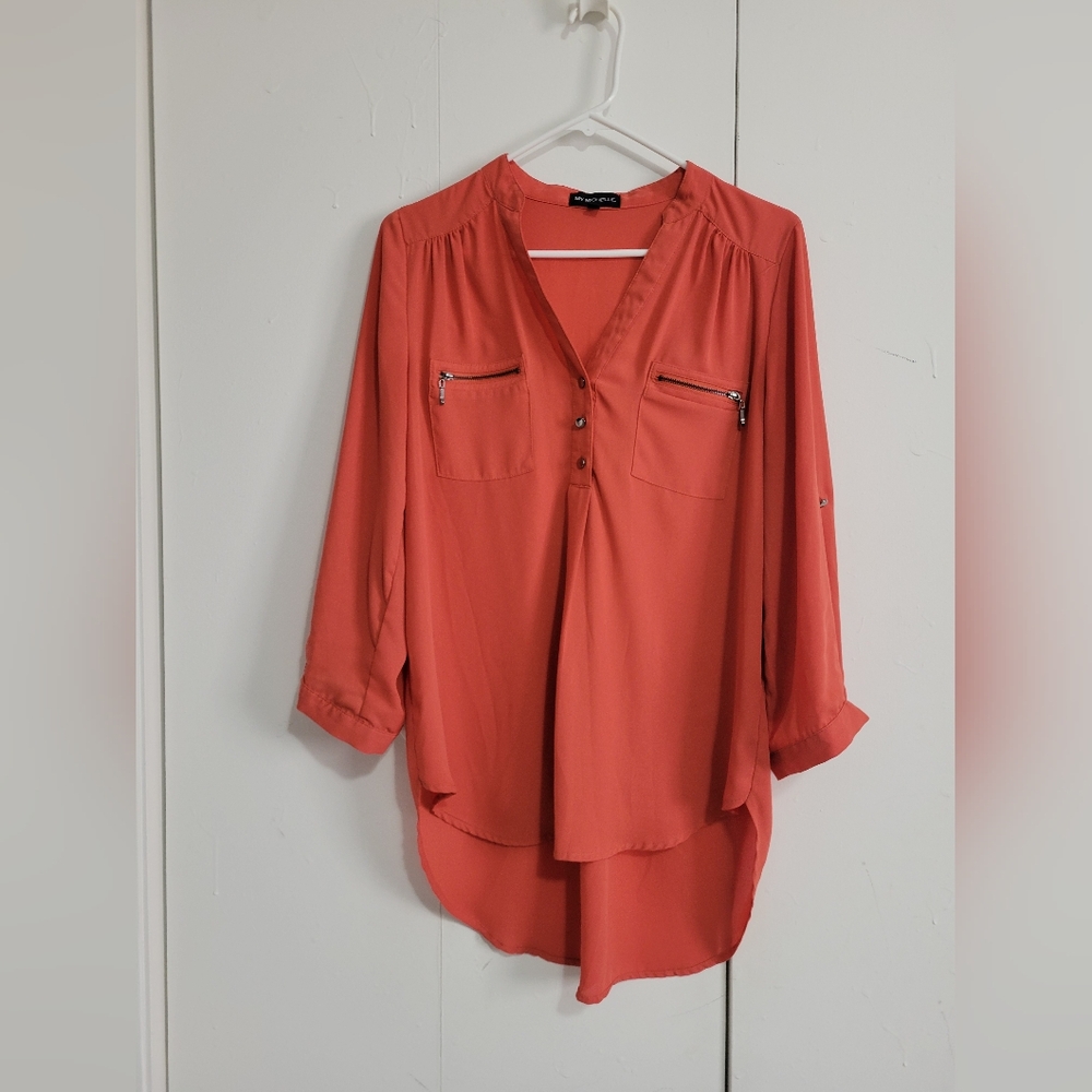 My Michelle Women's Coral Tunic Blouse with Zipper Details